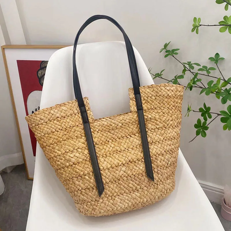 Saco de palha tecido grande para mulheres, bolsas boêmias, bolsa de ombro, bolsas de designer, bolsa de compras, 2024