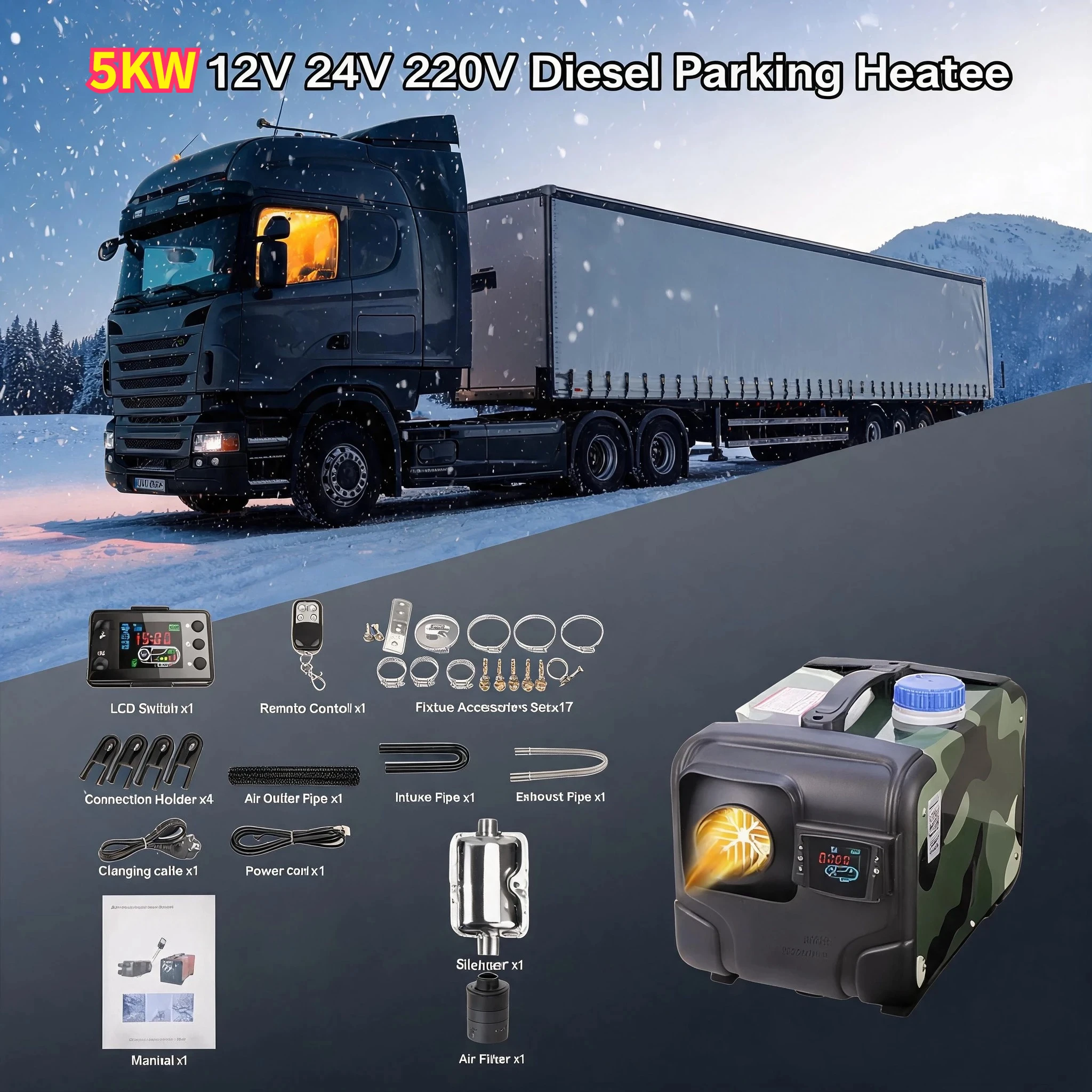 Wireless Remote 5KW Diesel Parking Heater 12V24V220V Multi Voltage Aluminum Housing Defrosting LCD Display for RV Bus Snow Area
