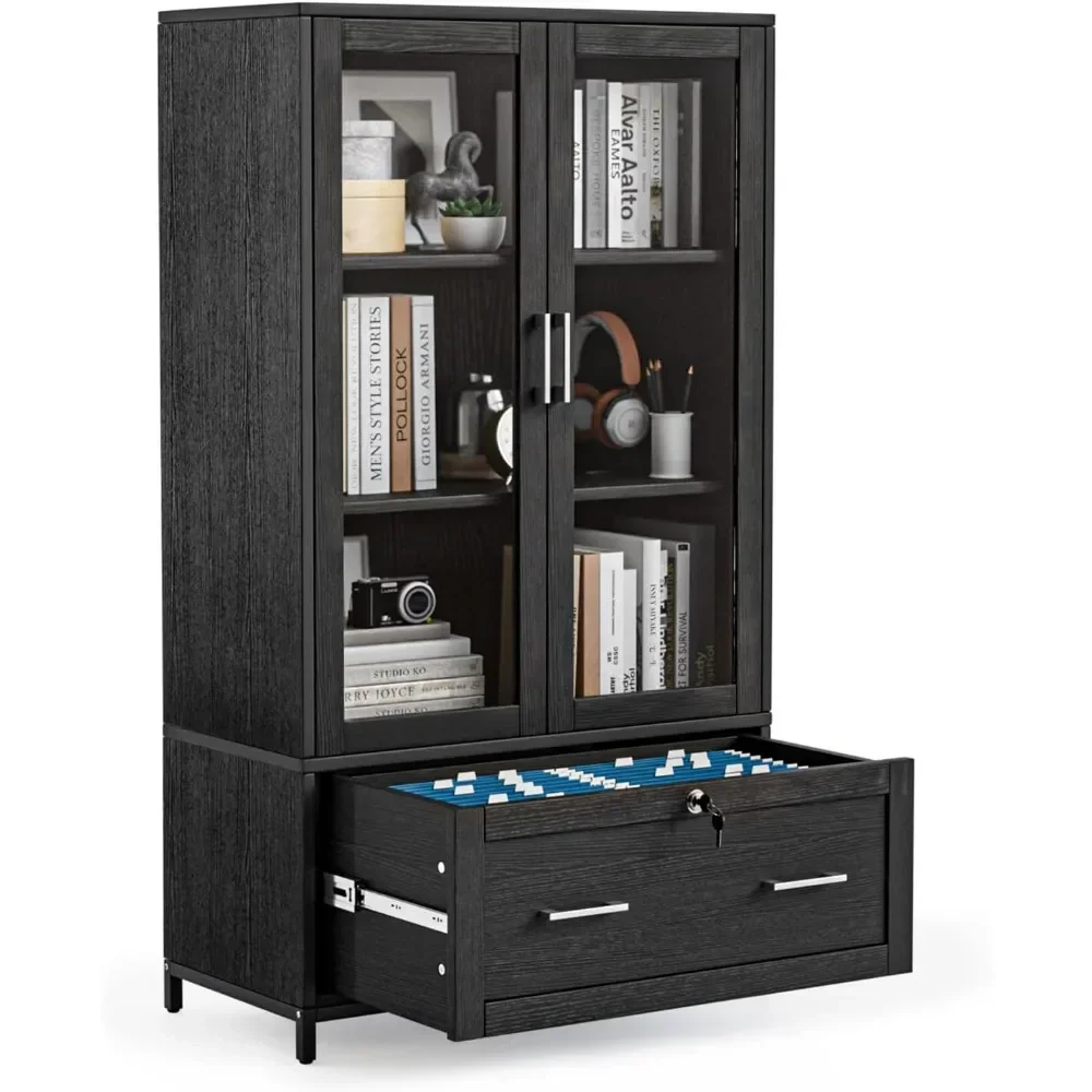 Lateral File Cabinet with Glass Doors and Locking Drawer,Bookshelf with Adjustable Shelves Hanging File Folders,Office Cabine