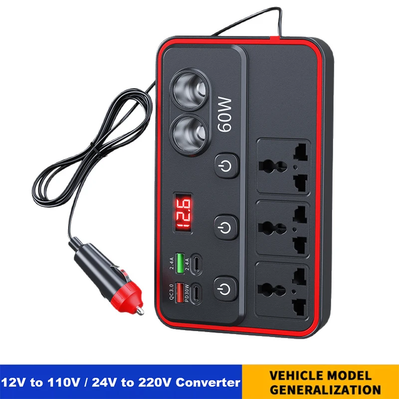 Tragbarer Auto-Wechselrichter 12V auf 110V / 24V auf 220V Steckdosenadapter mit 4 USB-Anschlüssen Schnellladegerät für Auto LKW SUV Wohnmobil