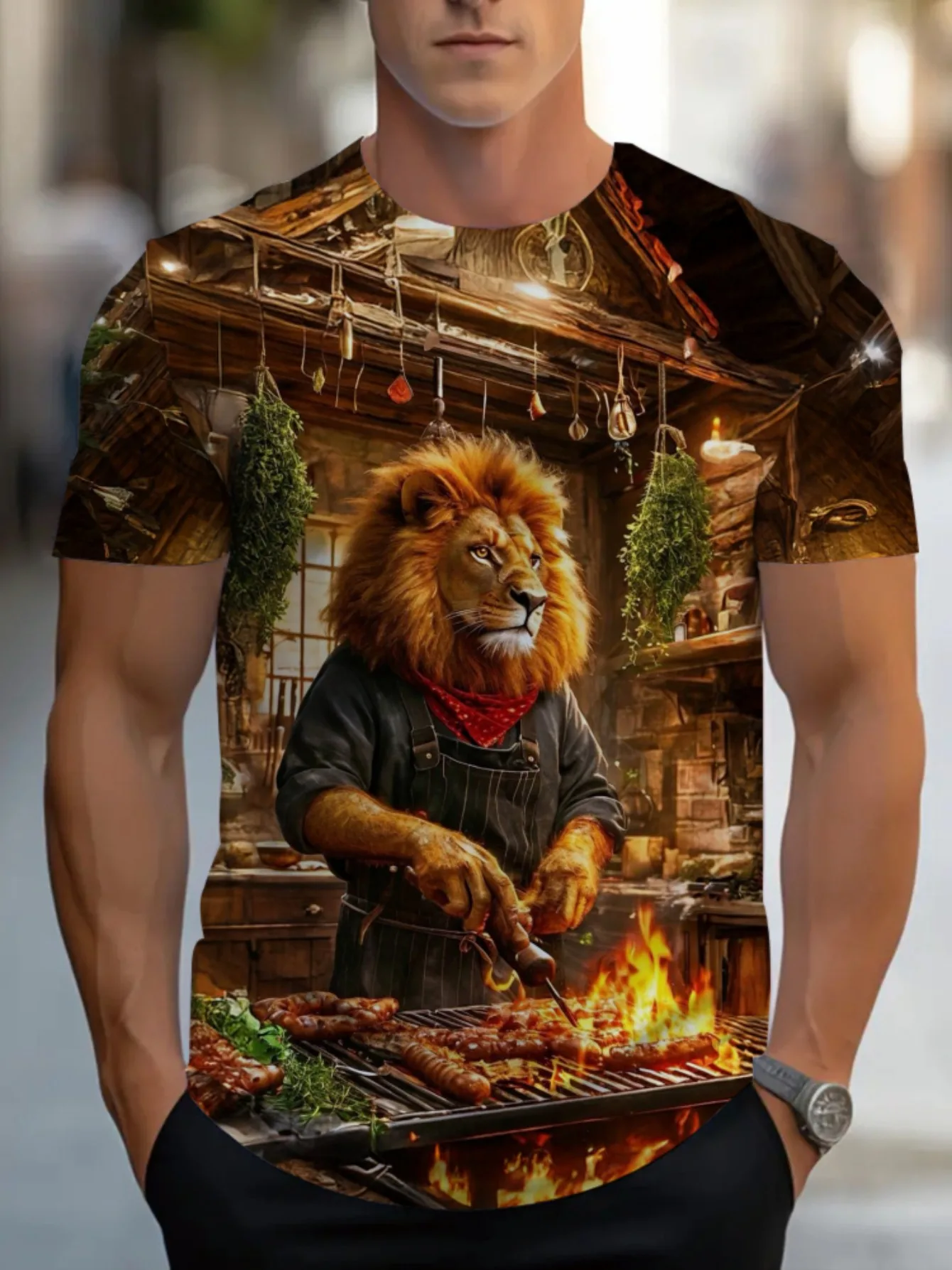 Samurai and Tiger Japanese Temple Pattern Men's 3D Print T-shirt, White Casual Short Sleeve Crew Neck Top, Stylish Daily Wear