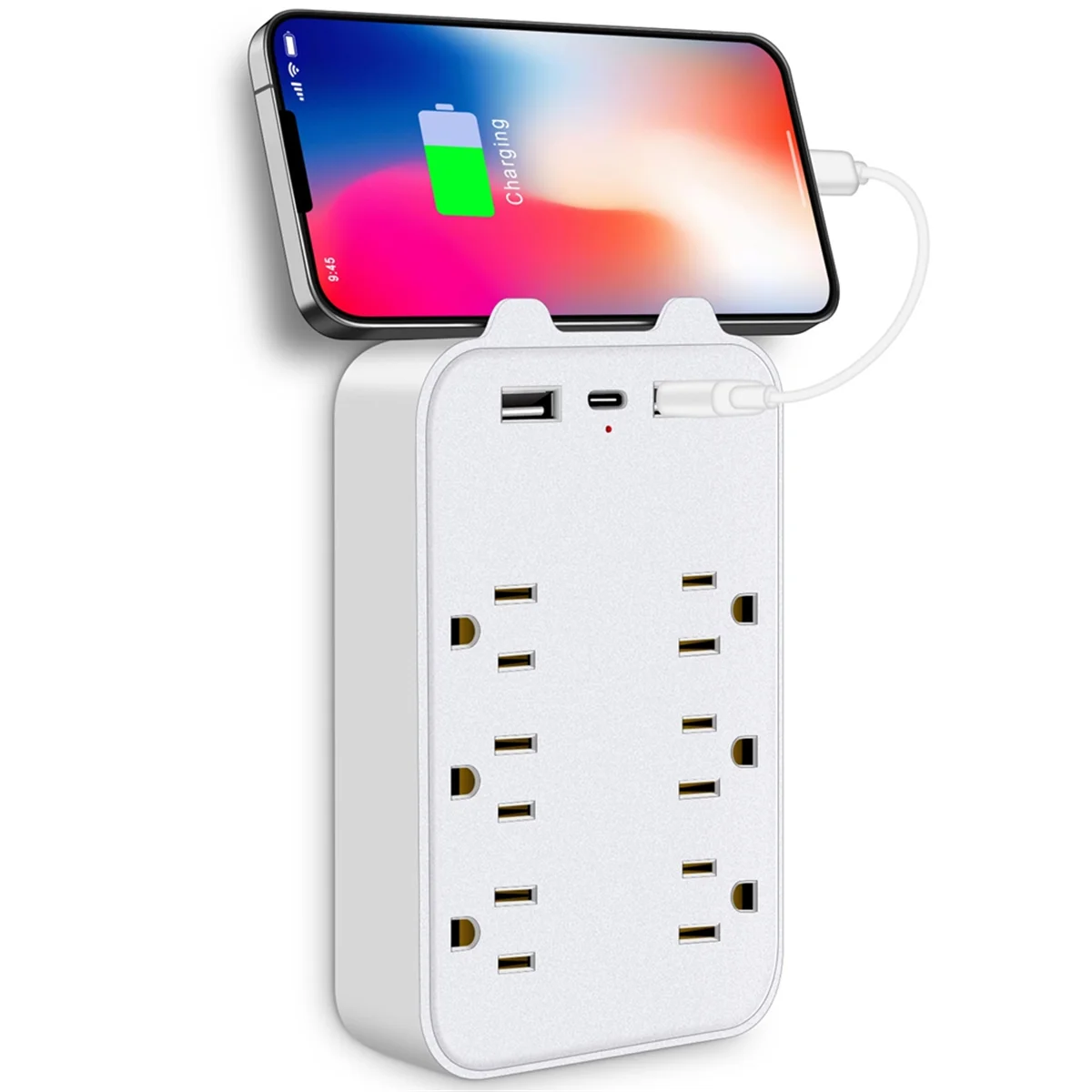 Protector contra sobretensiones 9 en 1, extensor de 6 salidas con 3 puertos USB, tomas de corriente, adaptador de pared, enchufe estadounidense espaciado