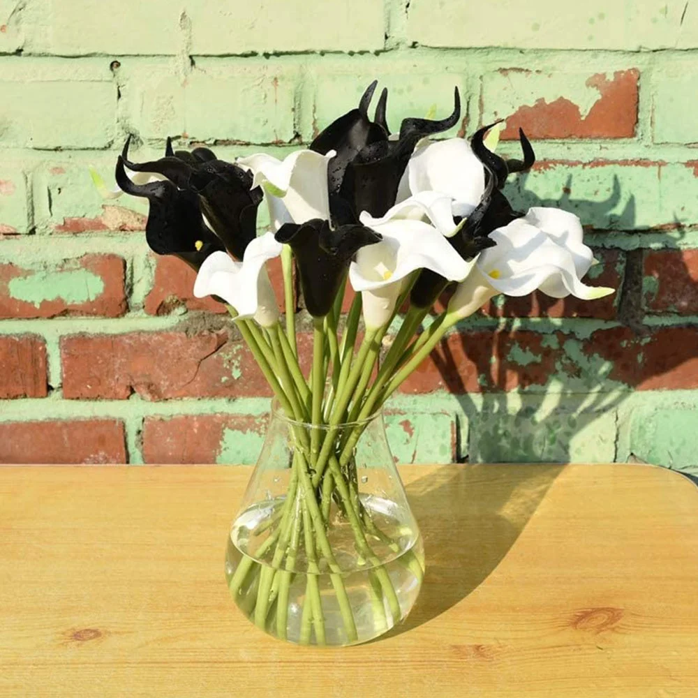 CHCH 20Pcs Calla Lily Bridal Wedding Bouquet PU Artificial Flowers Arrangement for Home Office Party Decor(Black and White)
