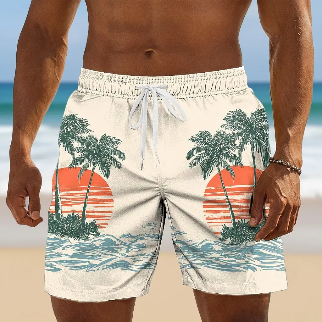 Men's Retro Sunset Palm & Wave Print Drawstring Shorts, Casual Loose Fit for Spring Summer Daily & Beach Vacation Activities