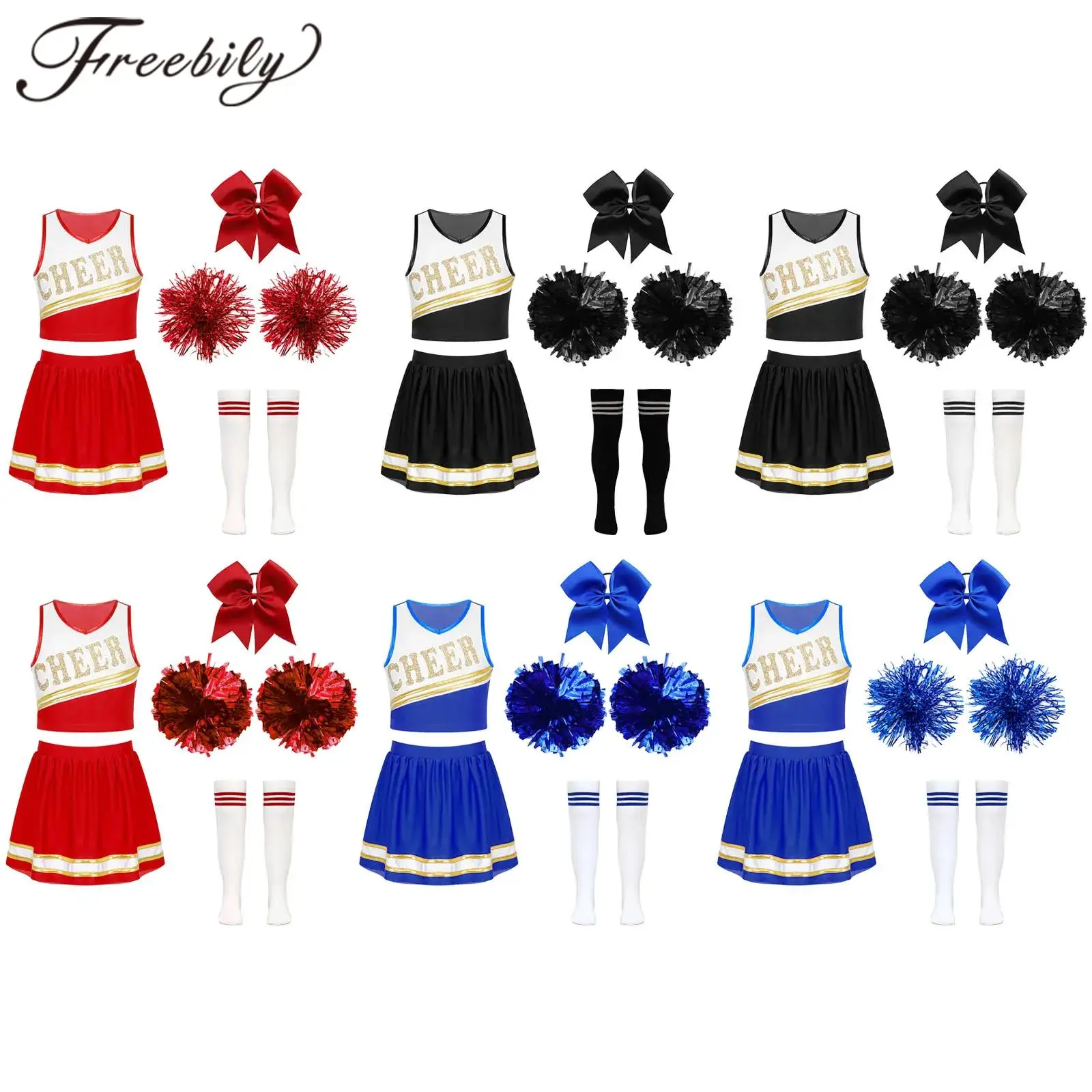 Kids Cheerleader Costumes Girls Cheerleading Uniform Cheering Team Top Skirt Hand Flowers Socks Clothes Sets Performance Suit