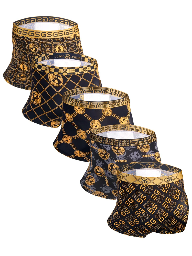 5 PCS summer ice silk thin black gold luxury style knight gold chain refreshing and comfy men\'s boxer underwear with gift box