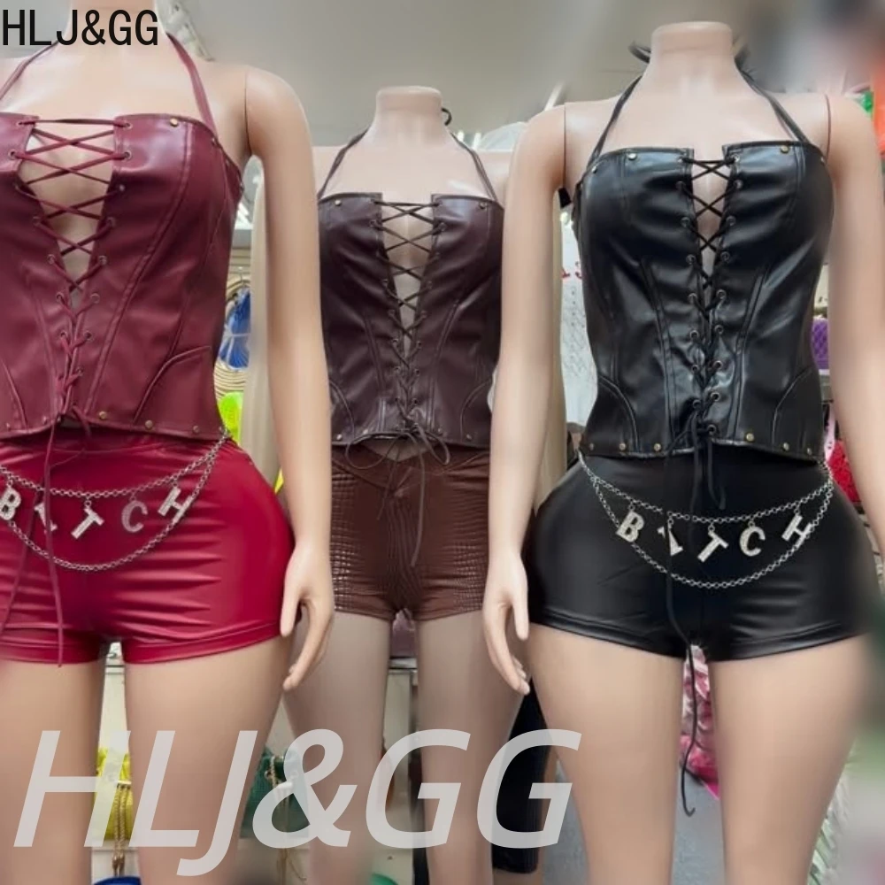 

HLJ&GG Sexy Leather Bandage Hollow Vest Two Piece Sets Women Lace Up Backless Slim Top And Shorts Outfit Fashion 2pcs Streetwear