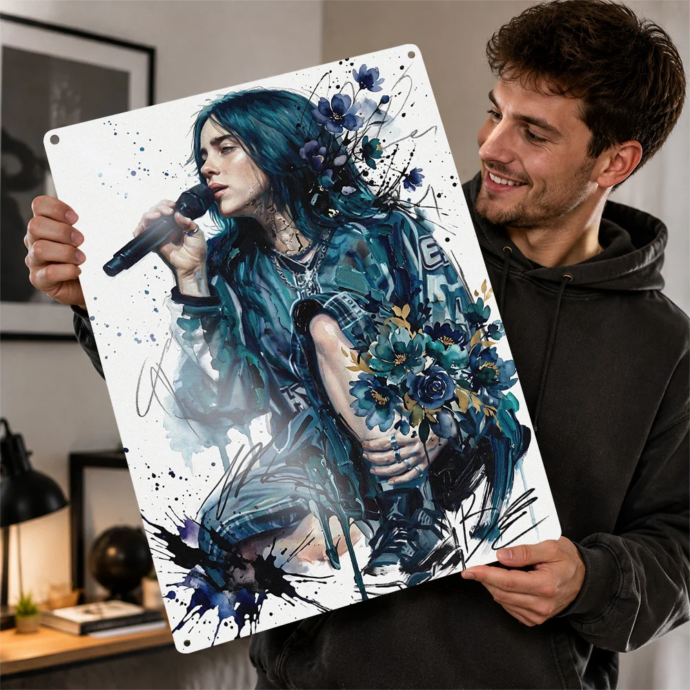 Billie Eilish Watercolor Portrait Printed Poster Personalized Aluminum Metal Sign Chart Topper Style Wall Art Enhances Bedroom
