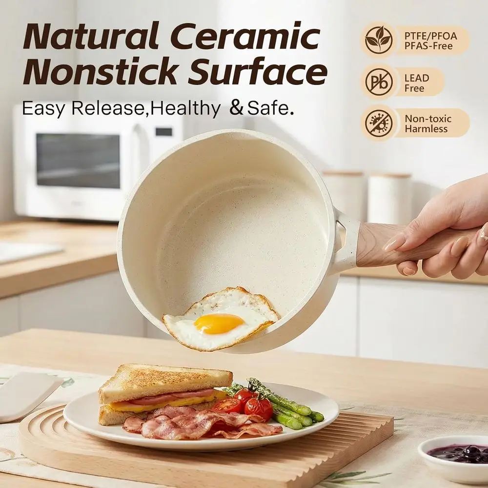 Nonstick Saute Pan with Lid, 2.0 QT Small Non Stick Stock Pot with Stay-cool Handle, Induction Compatible Cooking Pot White Gran