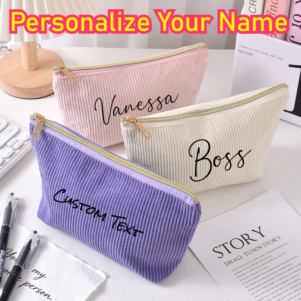 (Custom Name) Large-Capacity Portable Corduroy Makeup Bag, Toiletry Bag—Perfect for Holidays and Back-to-School Season Gifts