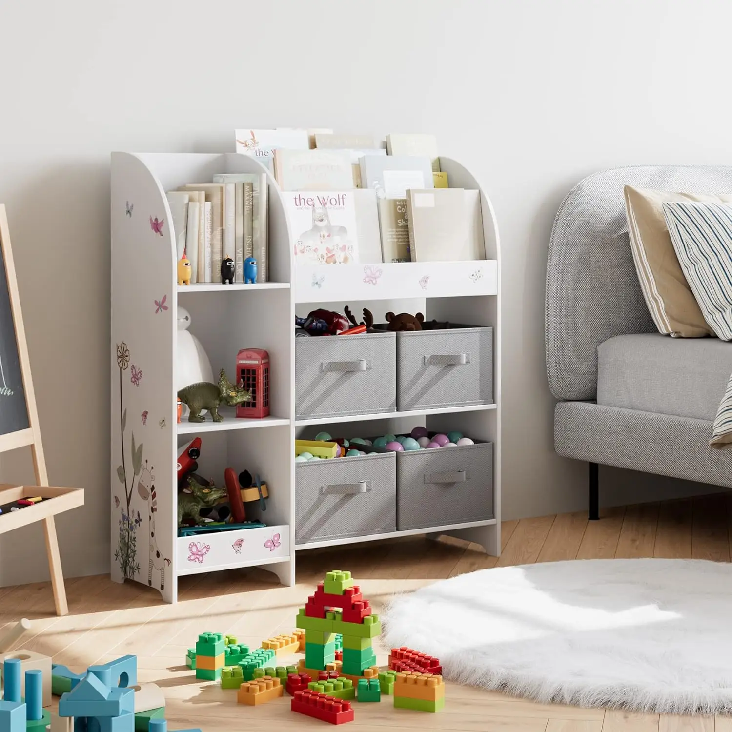 Kids Toy Storage Organizer with 4 Fabric Bins, 3-Tier Book Rack and Open Cubbies for Playroom