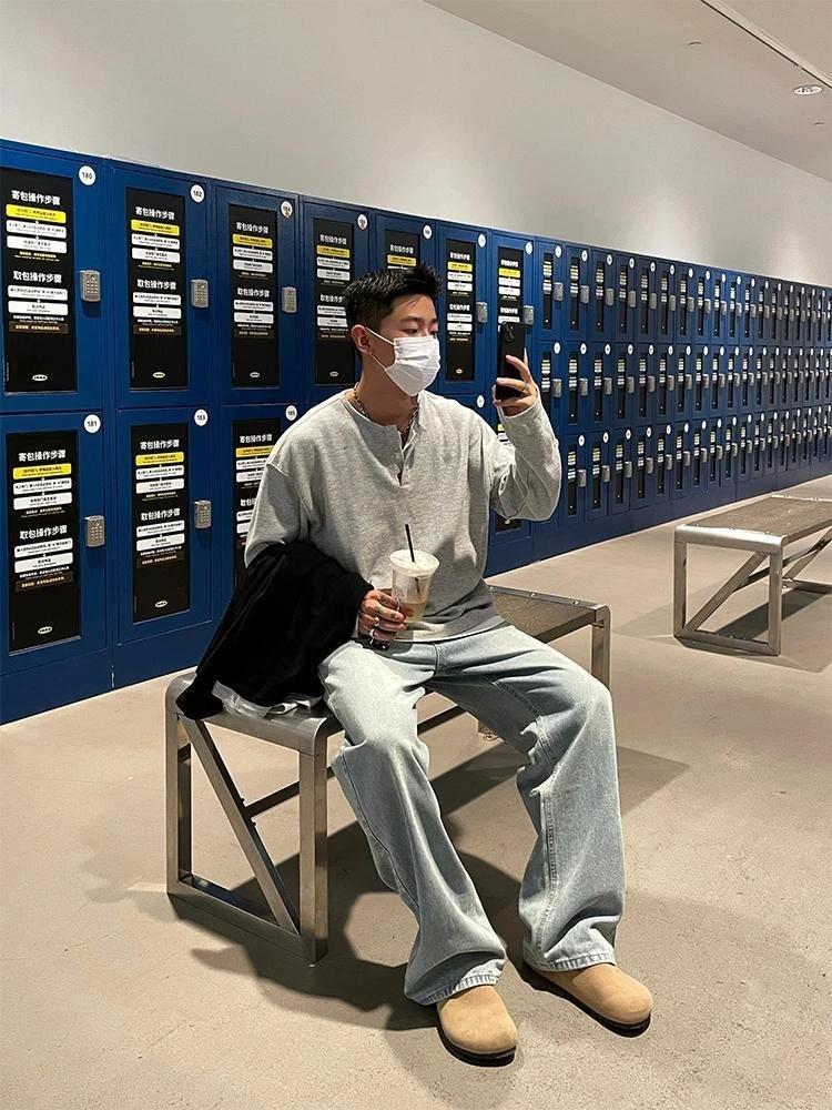 

Новые повседневные толстовки на пуговицах в гонконгском стиле для мужчин, хлопковые теплые простые толстовки с круглым вырезом Y2k, мужской пуловер