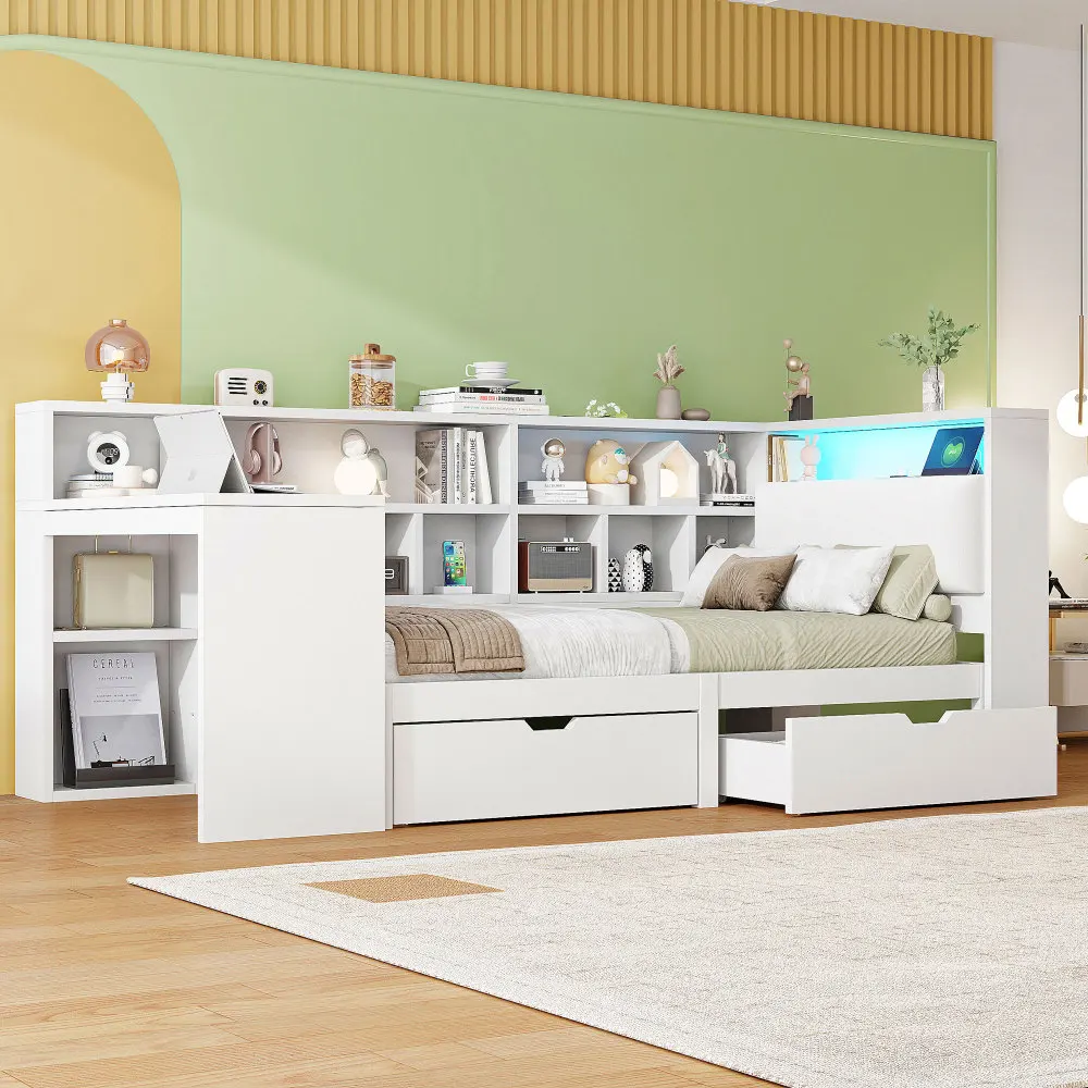 90x200 L-förmiges Plattformbett aus Holz mit Schreibtisch und Bücherregal, Eckkapitänsbett mit gepolstertem Kopfteil, Schubladen, LED-Licht – Detail 2