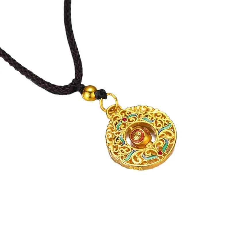 Real Gold 9999 24K Vintage Burnt Blue Pendant Ethnic Rotating Lucky Character Guanyin Auspicious Cloud Necklace Unisex