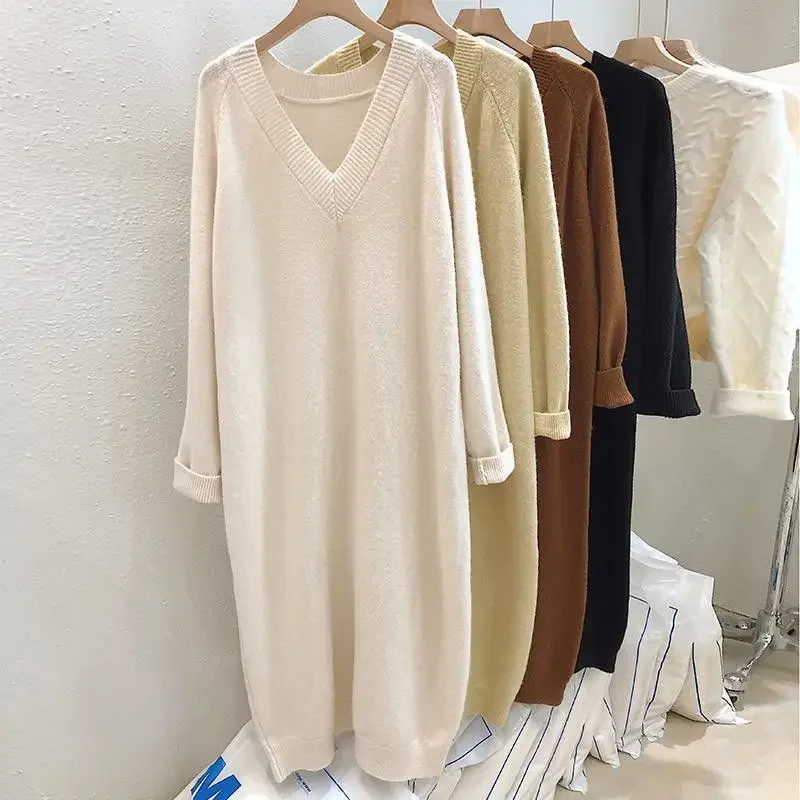 Autumn Winter 300kg Slimming Loose Mid-length Solid Color Knitted Dress Women V-neck Underskirt