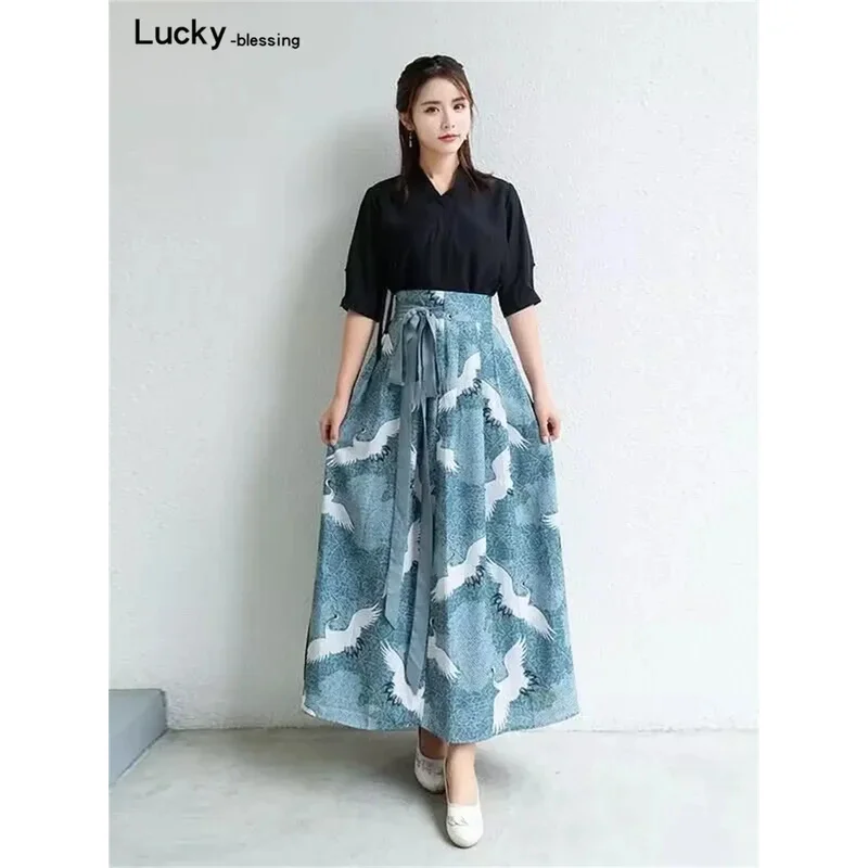 Retro Japanese Style Crane Print Dress Vintage Hanfu Long Kimono Girls Skirt Top Kawaii Party Ancient Oriental Women Cosplay New