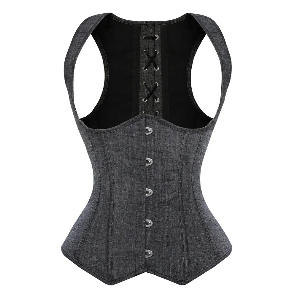 Gray Denim Underbust Waist Cincher Corset Bustier Vest Top with Shoulder Straps Women Body Shaper