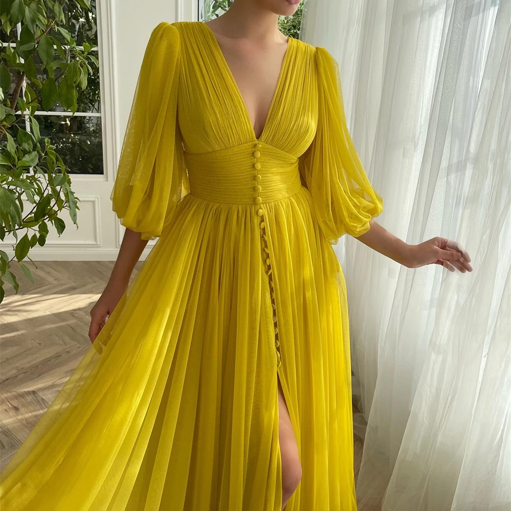 Amanda Yellow A-line Chiffon Formal Occasion Evening Sweet Puffy Sleeves vestidos de fiesta Sexy V-neck Side Split Porm Dresses