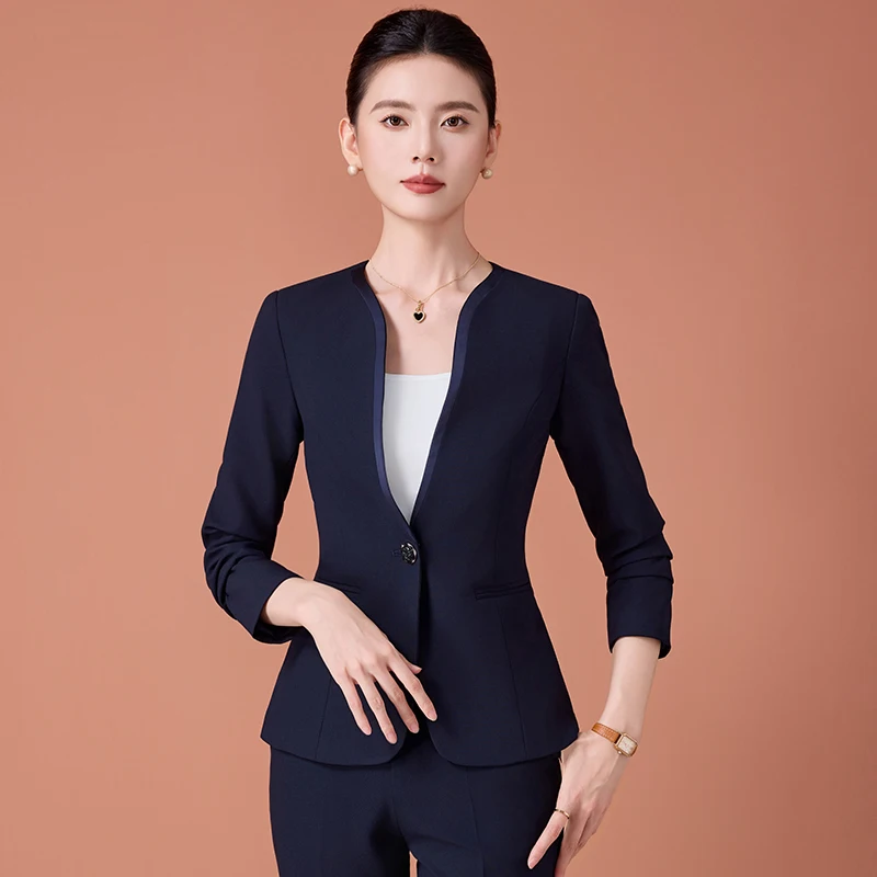 ชุดสูทสีน้ำเงินกรมท่าสำหรับผู้หญิง NAVIU แฟชั่นใหม่ สไตล์ธุรกิจ คอวี แขนยาว ทรงเข้ารูป พร้อมกางเกง ชุดทำงานสำหรับสุภาพสตรี