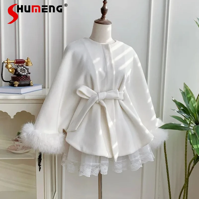 Japanese Y2k Fleece-Lined Thickened Cape Coat Winter Lolita Sweet Detachable Fur Collar Long-sleeves Jacket With Belt For Ladies