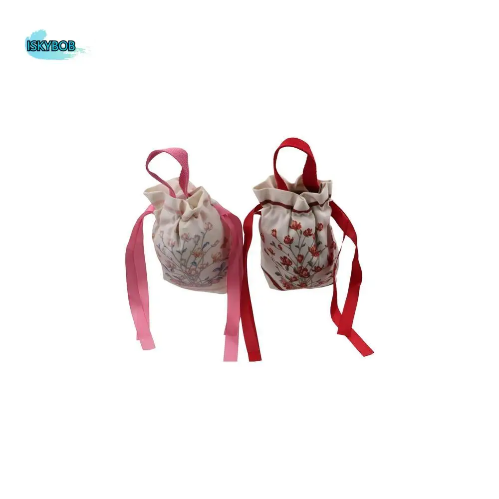

Mesh Flower Canvas Floral Drawstring Bag Satin Bow Korean Style Festive Sugar Bag Large Capacity Jewerly Packing Bag