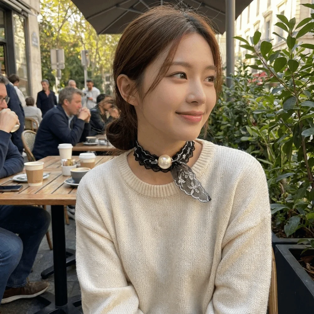 Snap Closure Magnetic Buckle Lazy Scarf Elegant Adjustable Pearl Lace Neck Scarf Versatile Collarbone Chain Shirt Collar Scarf