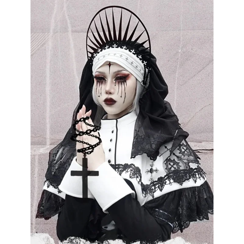 Pañuelo para la cabeza para mujer, negro oscuro, con doble encaje, con volantes, bordado hueco, plisado, gancho, flor, encaje hueco, velo decorativo, 1 ud.