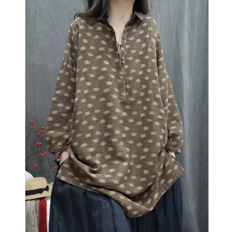 

Новая женская блузка с цветочным принтом в китайском стиле, повседневная, с воротником поло, длинным рукавом, из хлопка и льна, весна 2026