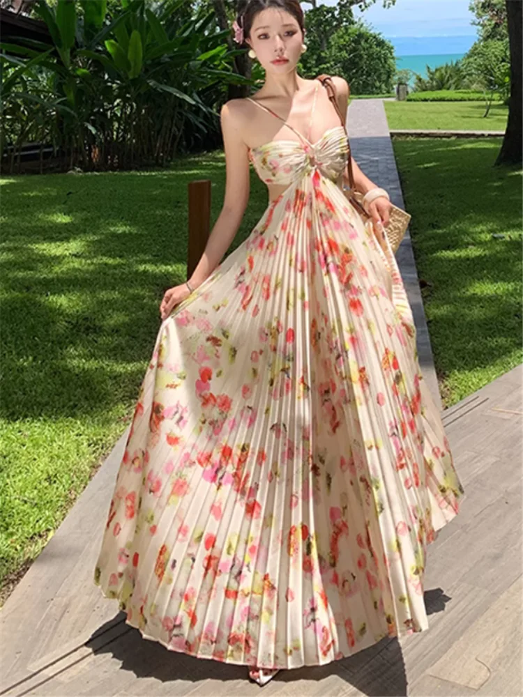 Summer Holiday Boho Floral Print Pleated Long Holiday Dress Sexy Backless Hollow Women Halter Off Shoulder Beach Fairy Dress