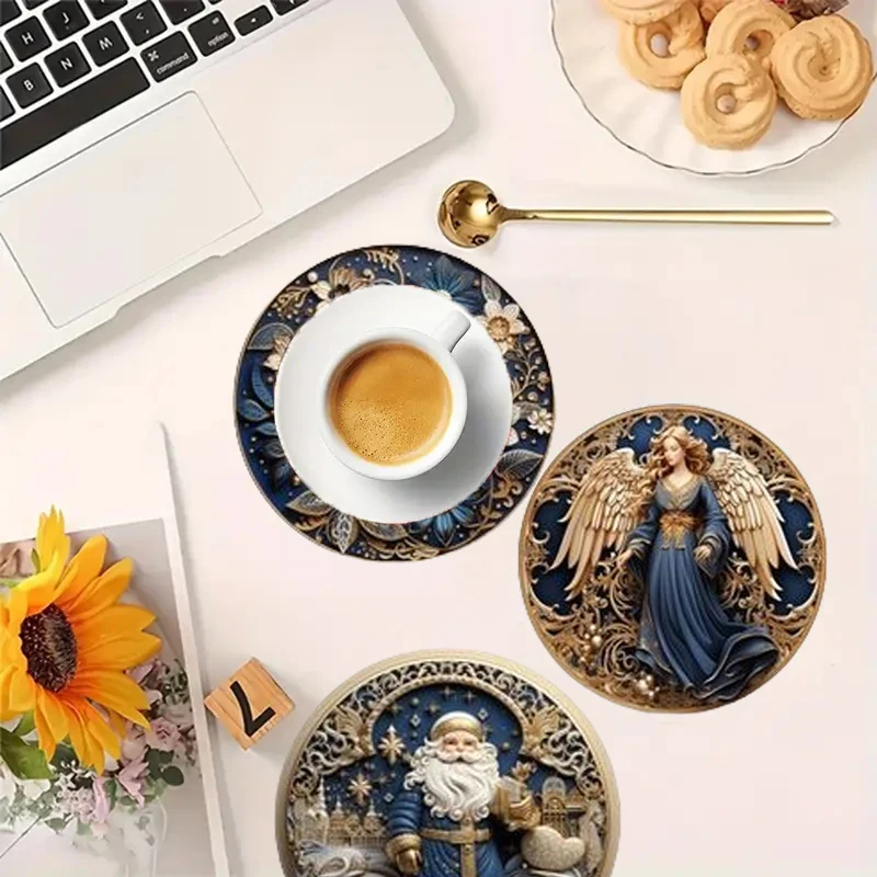 クリスマスをテーマにした木製プリントコースター6枚セットは、レストランやクリスマスギフトに適しています。