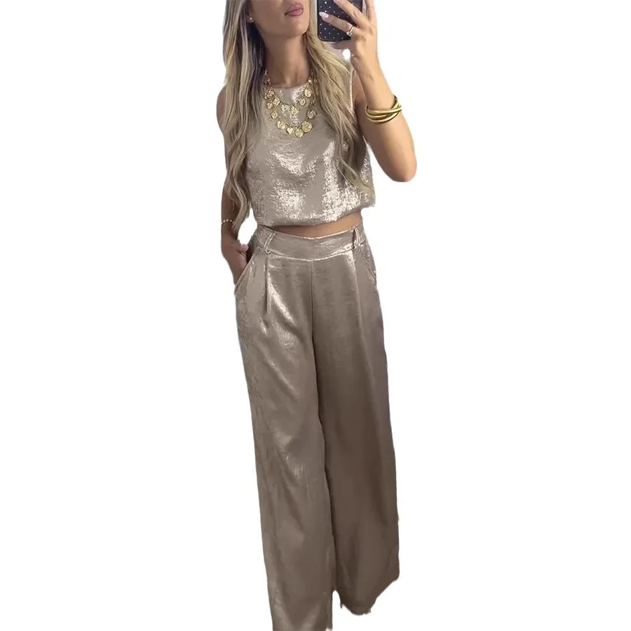 2025Spring  Bronzing Elegant Women's Sets Sexy O Neck Vest Top and High-waisted Pant Suits Summer Sleeveless Hollow Outfits 2pcs
