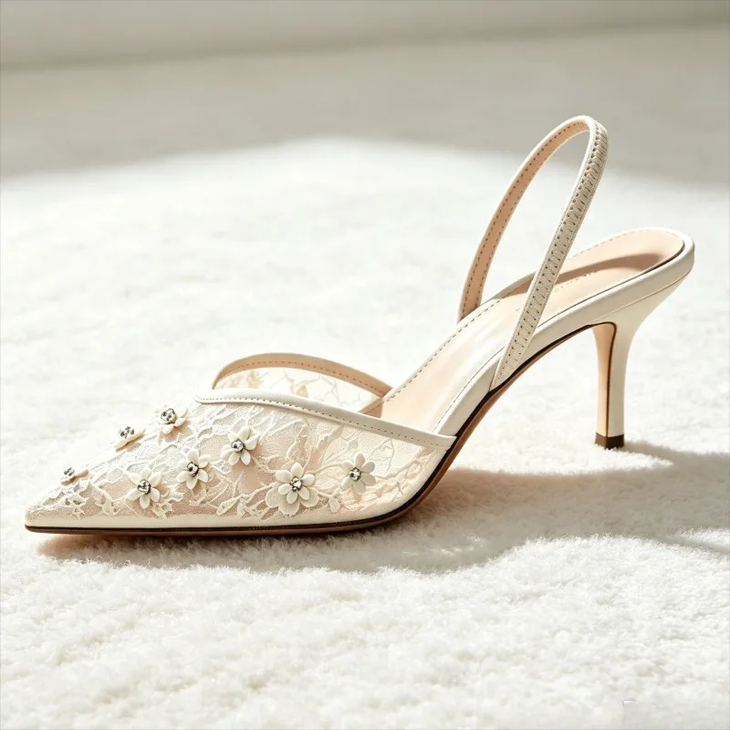 Luxury Mesh Embroidered Crystal Flower Detail Women's Pumps Fashion Pointed Toe Slingback Heels Elegant Wedding Brides Shoes - view 3