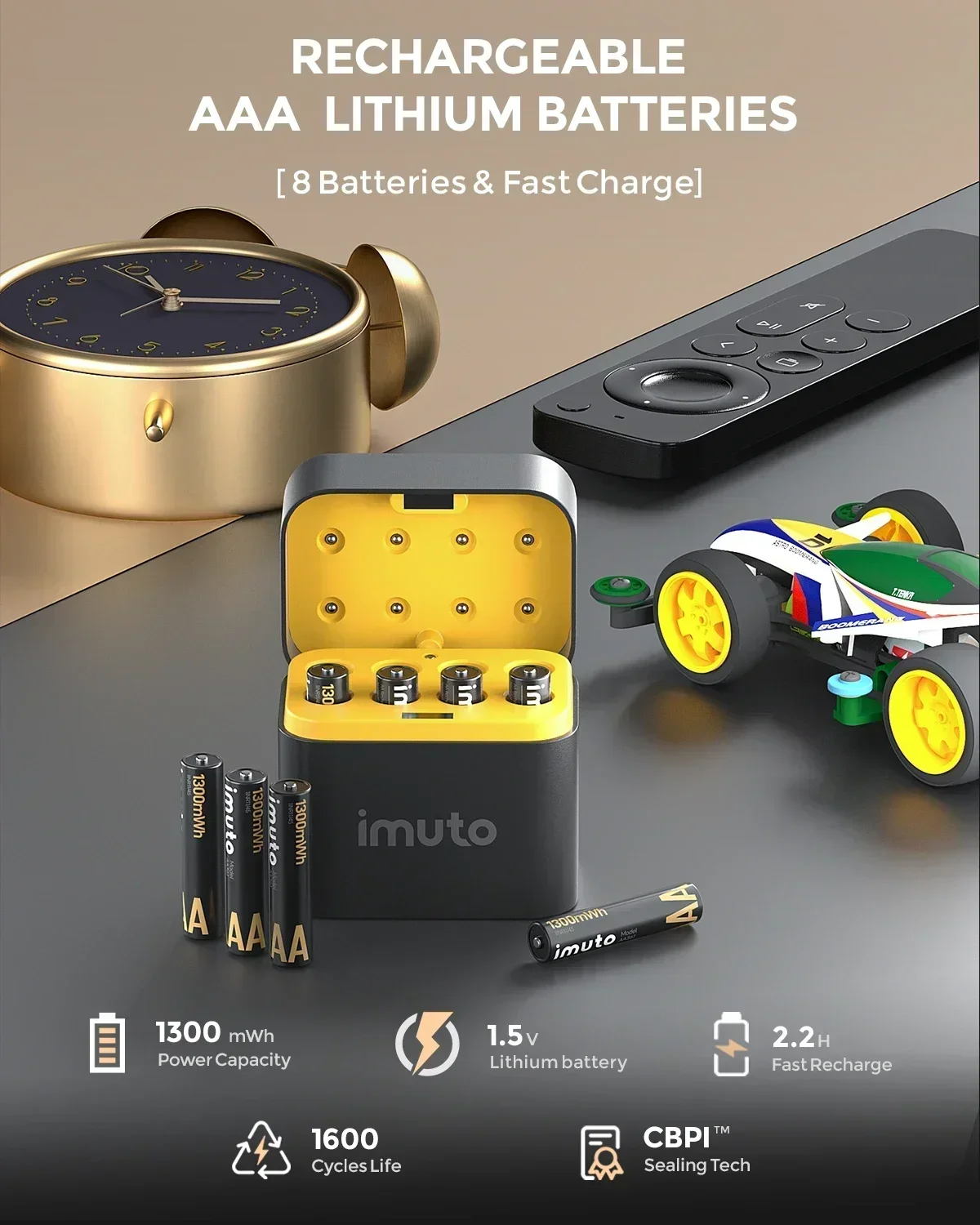 شاحن سريع AAA بـ 8 فتحات لبطاريات ليثيوم AAA 1.5 فولت، سعة 1300 ميجاوات في الساعة مع فتحة مستقلة وشاشة LCD USB-C للشحن الذكي