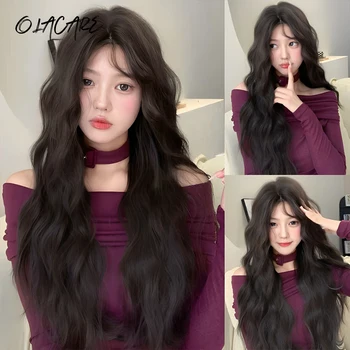 Peruca dianteira de renda sintética, marrom, preto, longo, encaracolado, ondulado, natural, para mulheres, parte média, cosplay, festa, resistente ao calor
