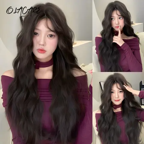 브라운 블랙 합성 레이스 프론트 가발 긴 곱슬 물결 모양의 머리 여성을위한 자연 가발 중간 부분 가발 코스프레 파티 내열성