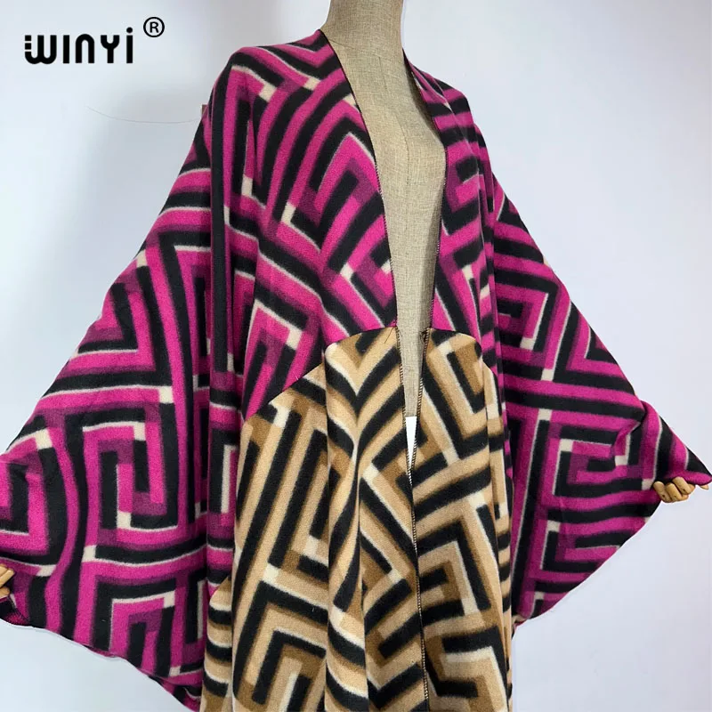 WINYI-cárdigan con estampado de Oriente Medio para mujer, abrigo holgado, bata larga, chaqueta gruesa y cálida, caftán de talla libre, Invierno