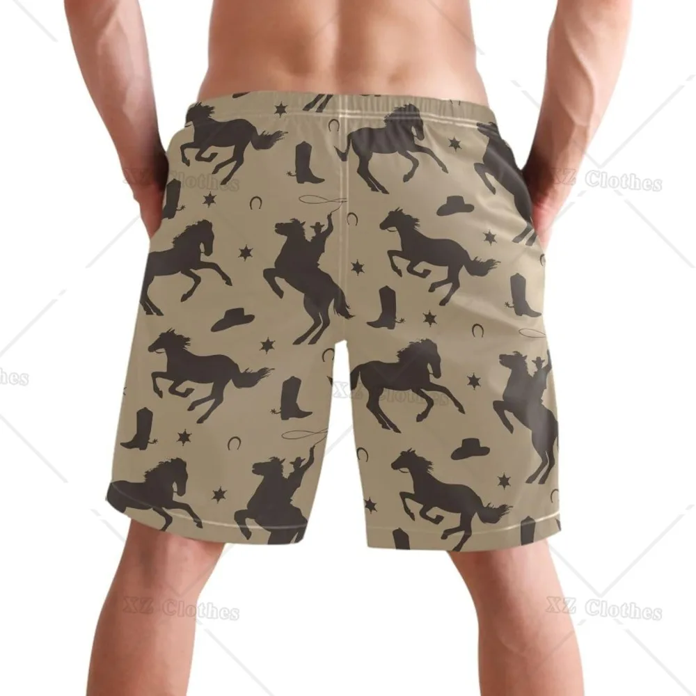 Cowboy Horse Silhouette Beach Shorts Summer Swim Trunks Sports Running Bathing Suits with Mesh Lining and Pocket