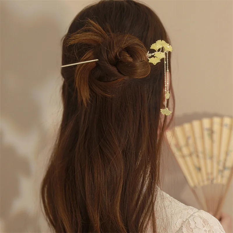 Tassel Ginkgo Leaf Hair Stick Chinese Hanfu Hair Accessoreis Fairy Insert Hairpin Chopstick Antique Girls Hair Bun Jewelry Tiara