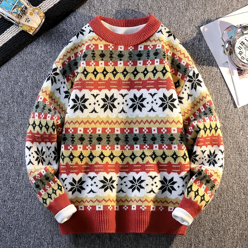 

Мужской свитер 2025, новый тренд, толстый трикотаж с длинными рукавами и цветными блоками, ретро, американский винтажный пуловер, теплый мягкий свитер