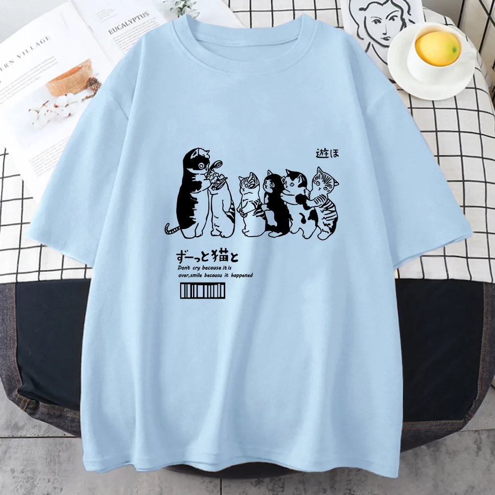 Japanese Kanji Cat 100% Cotton Oversize T Shirt Short Sleeve Women\'s Tops 2023 Summer Couples Loose Fashion Tees Korean Style