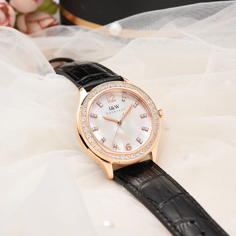 CARNIVAL Womens Fashion Diamond Quartz Watches Brand Luxury Ladies Rose Gold Watch Sapphire 30m Waterproof for Women Reloj Mujer