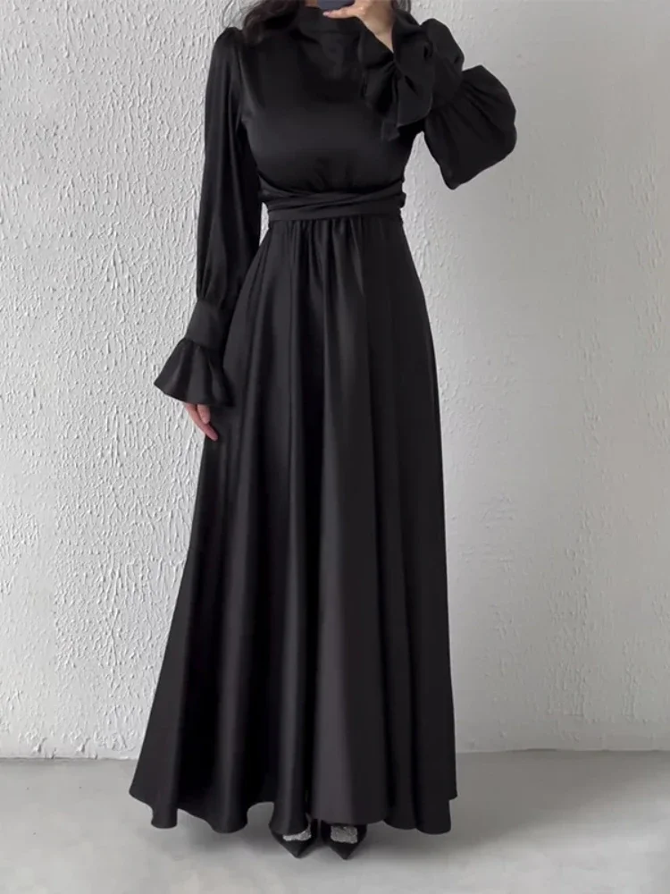 Eid Muslim Party Dress for Women Lotus Leaf Sleeve Satin Bandage Ramadan Abaya Long Dress Belt Vestidos Largo Robe Jalabiya 2024