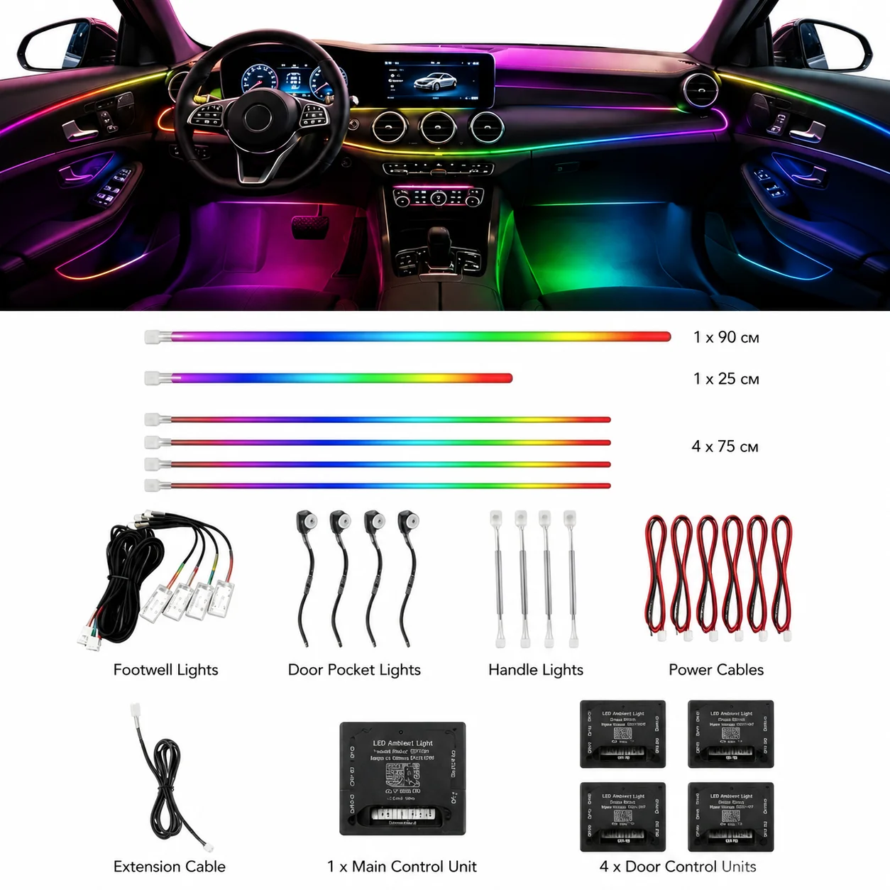 18 in 1 Dual Zone Symphony Streamer Car Ambient Light Interior LED Full Color RGB Neon Acrylic Strip Atmosphere Lighting Kit App