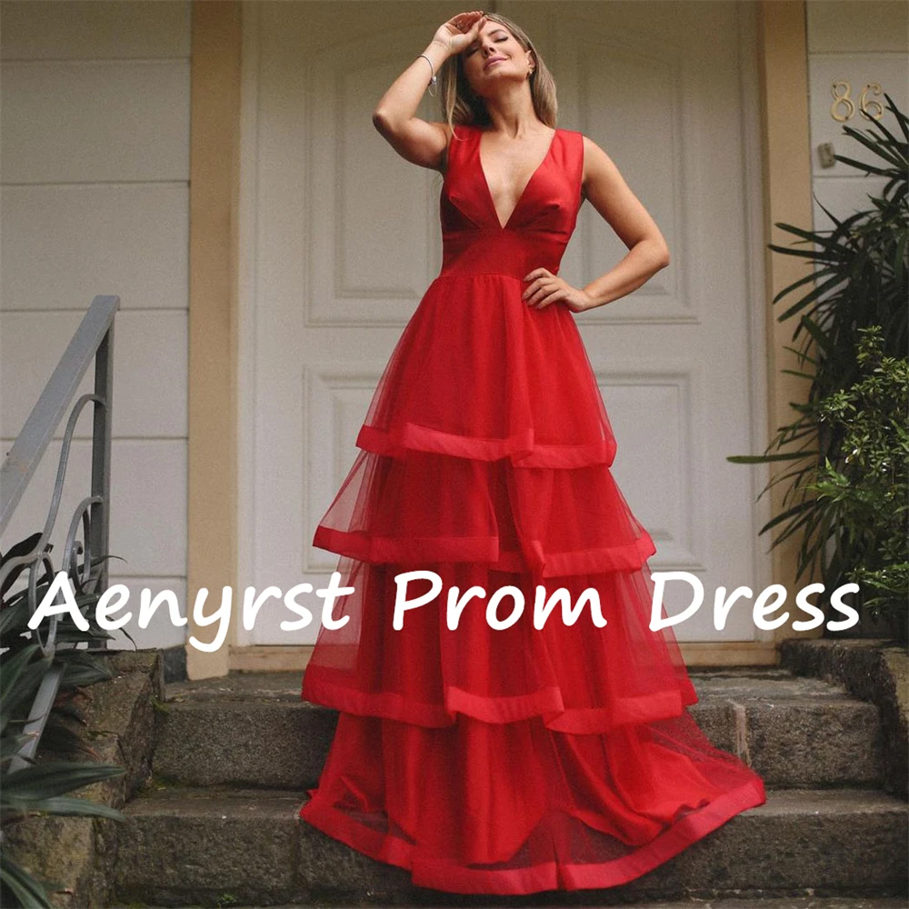 Aenyrst-V Profundo Neck A Linha Vestidos de Noite, Tule Camadas Spaghetti Strap, Até o Chão Prom Gown, Vestido de Festa de Natal, Elegante, Vermelho