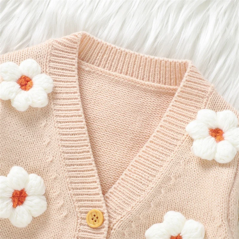 2023-08-21 Lioraitiin 6M-3Y Winter Baby Girl Cardigan Long Sleeve V Neck Button Closure Flower Knit Sweater Baby Girl Sweater