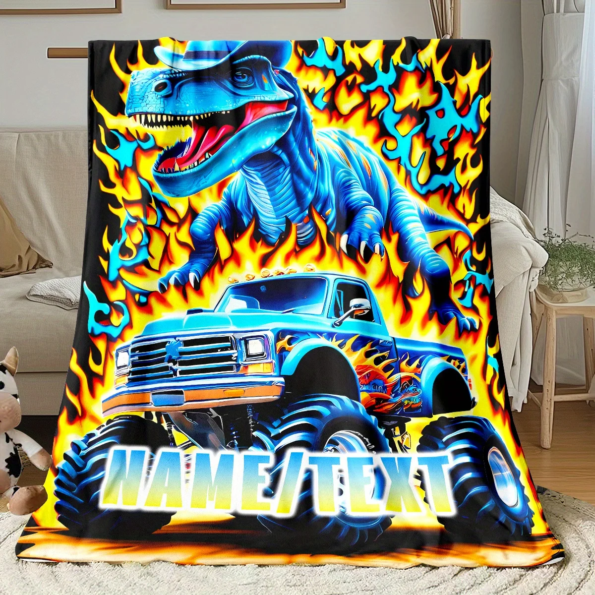 Customized Dinosaur Monster Truck Blanket Name Flame Art Soft Fleece Throw Kids Gift Home Decor Adventure Theme
