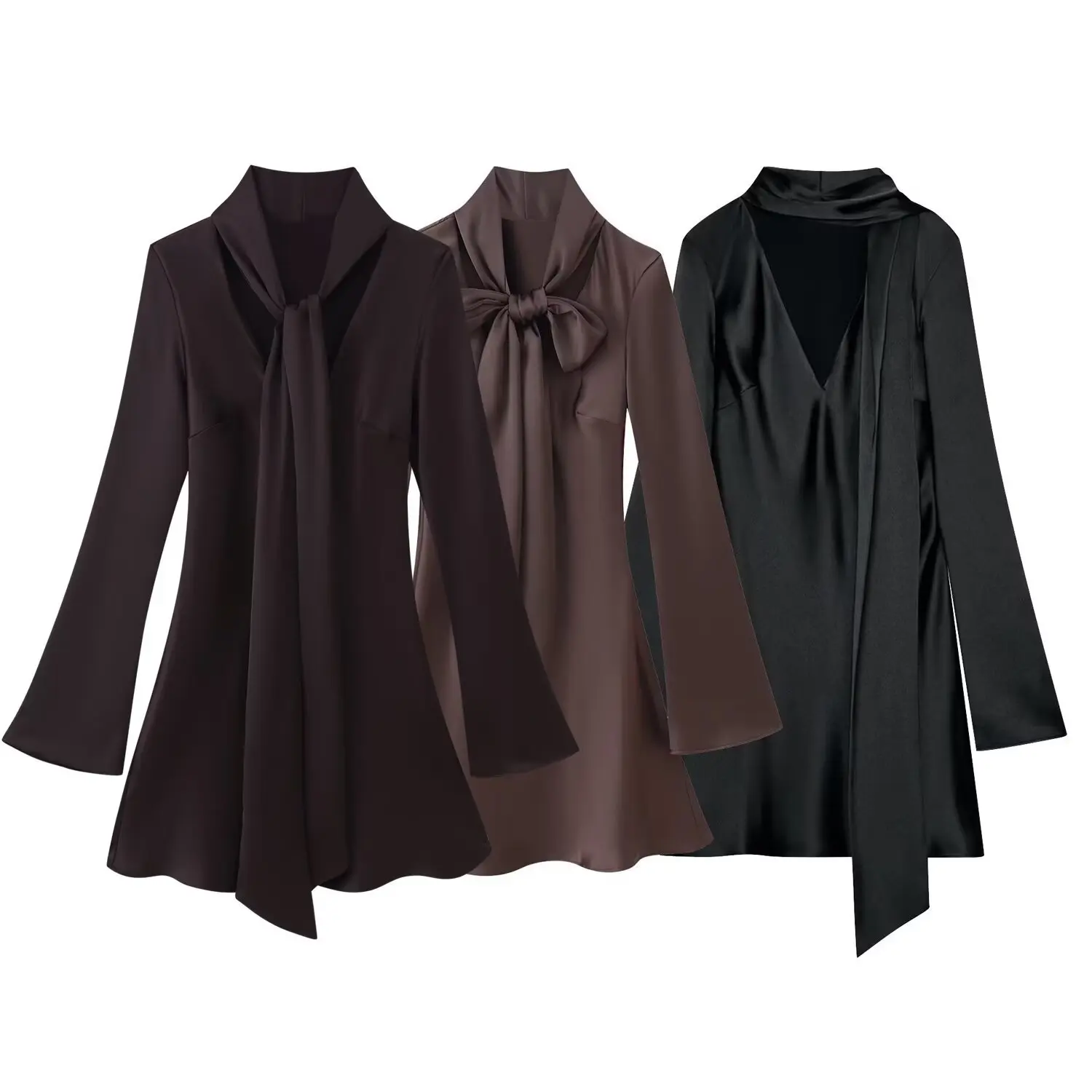 เดรสสไตล์ยุโรปและอเมริกา ผ้าซาตินเนื้อไหมแบบใหม่สำหรับฤดูใบไม้ร่วง สไตล์ผ้าพันคอ เรียบหรู เหมาะสำหรับใส่ไปทำงาน