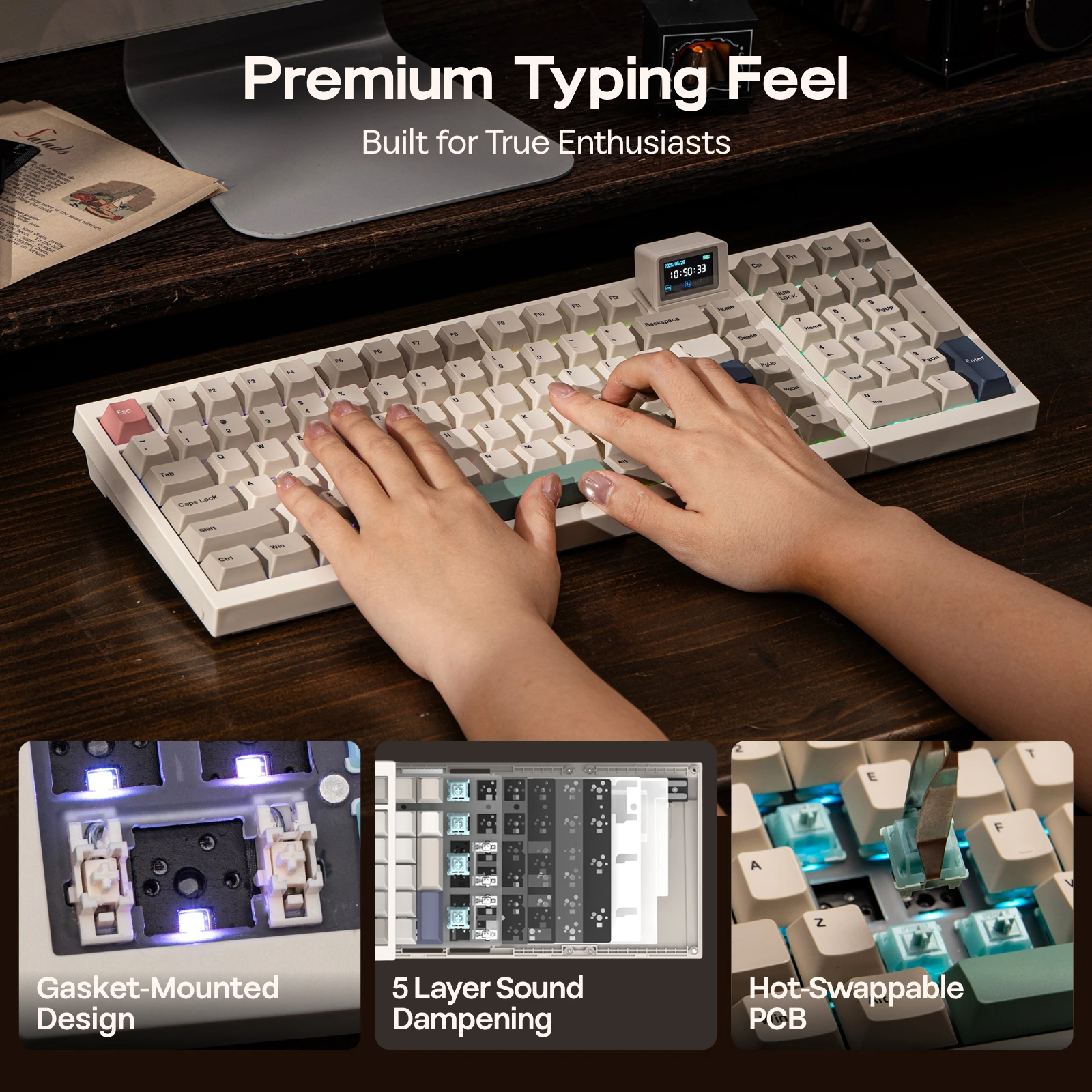 EPOMAKER RT98 98% ANSI US Layout Trójtrybowa Bezprzewodowa Modułowa Retro Klawiatura Mechaniczna do Gier z Odłączaną Mini Klawiaturą TV dla Win/Mac — zdjęcie produktu 3