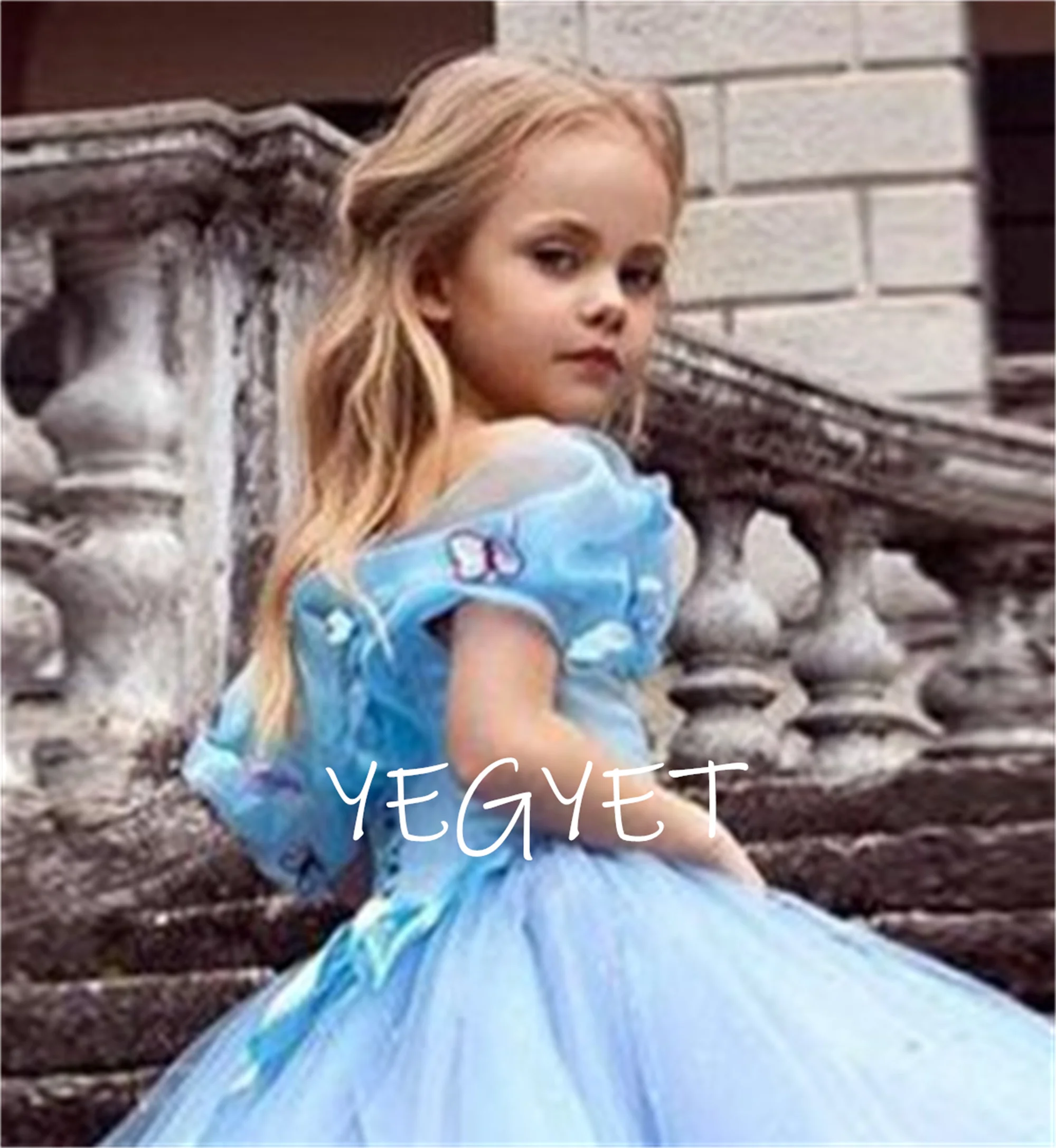 Treasure Blue Shiny Tulle Butterfly Decoration Off Shoulder Flower Girl Dress Wedding Flower Child Sacrament Prom Dress