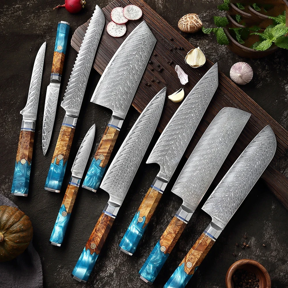 

9PCS Damascus Steel Knife Sets Kitchen Chef Santoku Knife Bread Utility Paring Knife Ultra Sharp Wooden Handle Free Shipping Hot